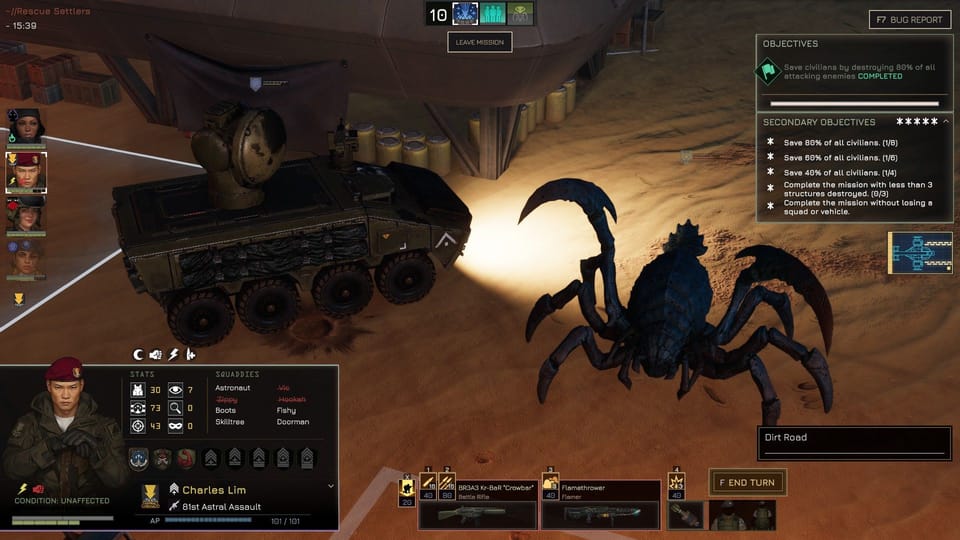 An armoured vehicle confronts an alien crab on a desert planet in Menace.