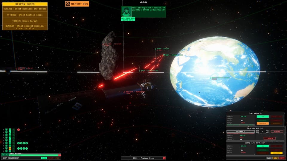 The earth hangs in space as a distant ship fires upon another in the foreground. The target ship is browned with damage.