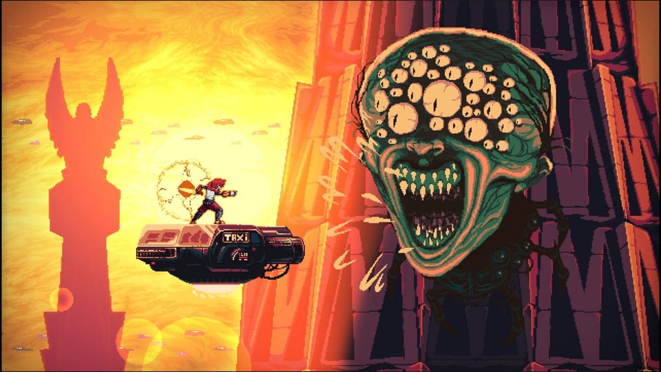 A pixel art shot of a hero on a futuristic taxi, facing a monstrously sized demon with dozens of eyes and sharp teeth against a sunset.