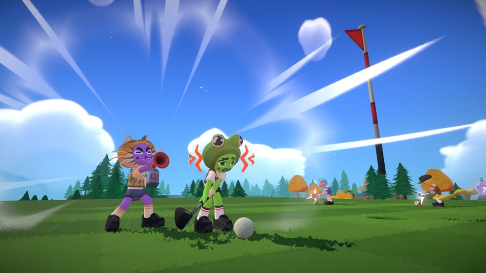 A person in a frog hat wobbles while trying to hit a golf ball because someone is blasting an airhorn behind their head.
