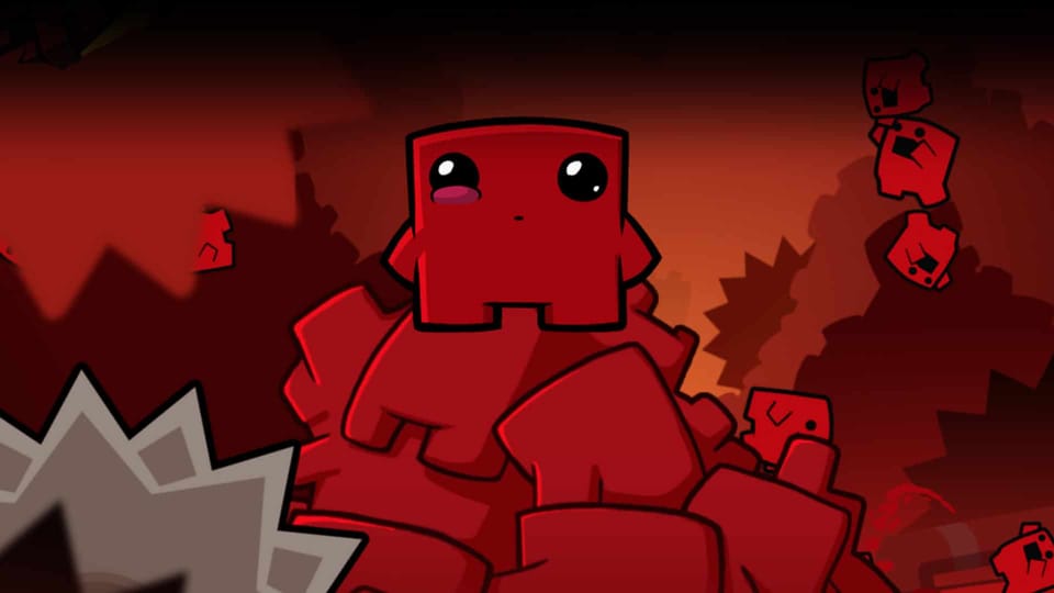 A screenshot of a Super Meat Boy cinematic, showing him standing atop a pile of corpses.