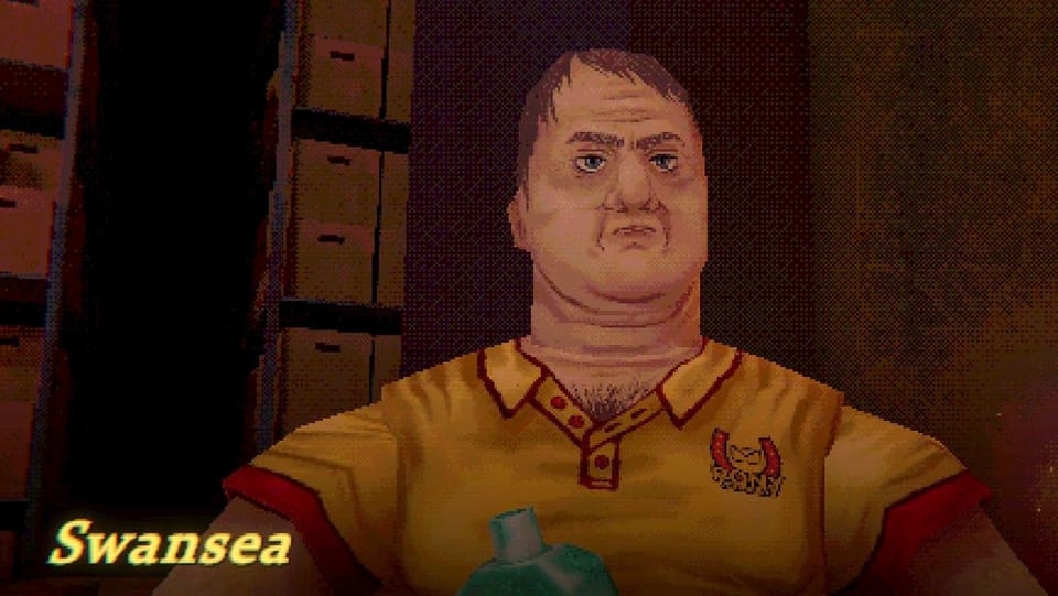 Engineer Swansea holds a bottle of blue mouthwash, wearing a yellow Pony Express shirt.