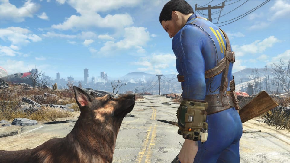 A dog and a vault dweller in blue look at one another on a ruined road in Fallout 4.