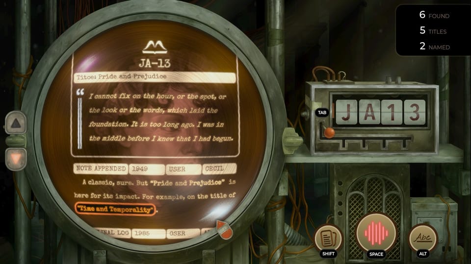 A machine displays a passage from Jane Austen's Pride and Prejudice, displaying the code JA13.