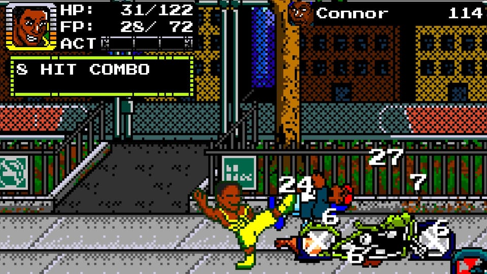 A man in yellow spandex beats up some people in the street for an 8 hit combo.