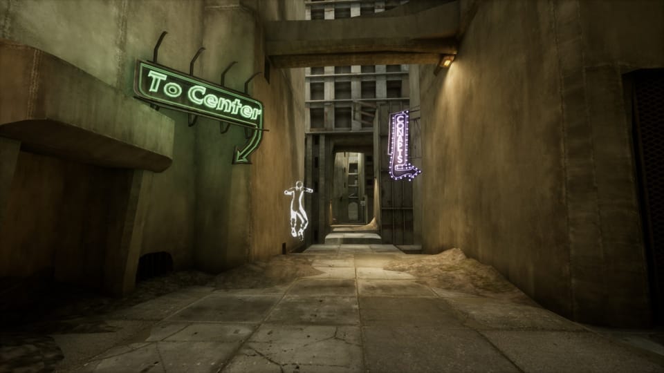 A concrete street, dirty and grey, with a player's ghost bounding off into the distance.