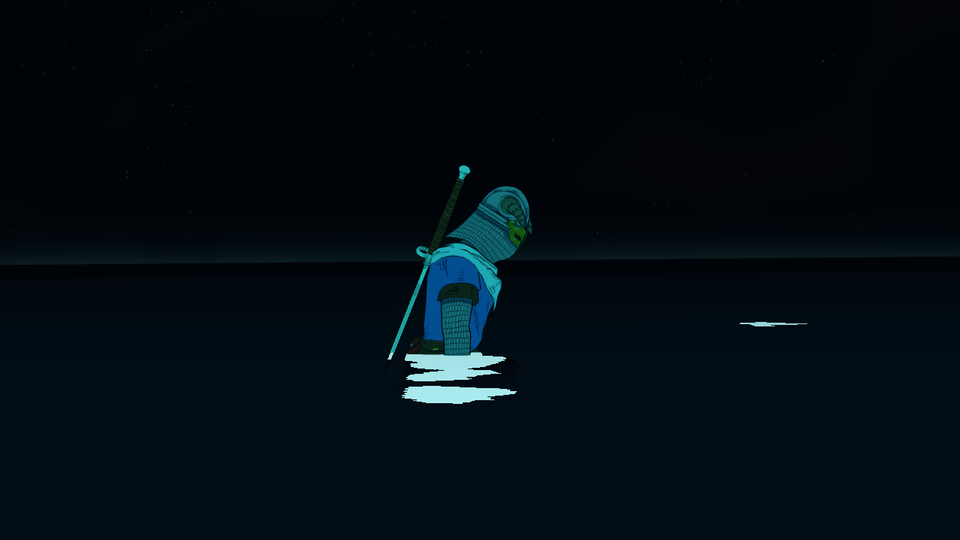the player character in RPG Esoteric Ebb, a cleric in mail armour and a helmet, with a sword on his back, kneeling up to his waist in dark water, under an equally dark sky