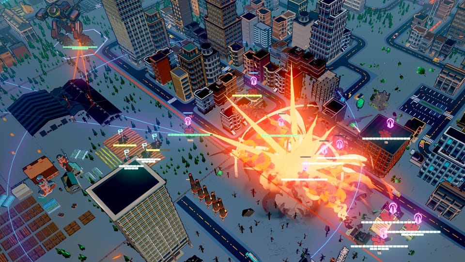 A 3D, low-texture-map style city from Heart of the Machine. A building-sized mech looms over a long road, alongside a farm and mid-rise buildings. The other end of the road is exploding.