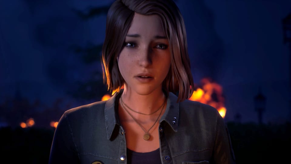 Max from Life Is Strange, looking pensive, facing the camera, while a fire burns behind her.