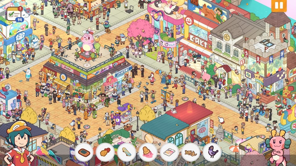 A colourful city scene viewed from a distance, with lots of shops and dozens of people.