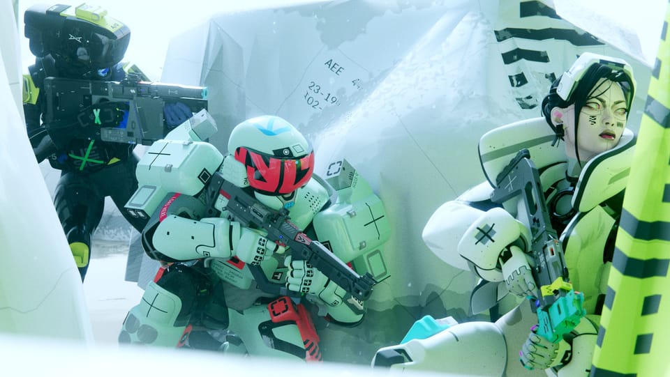 Three combatants take cover holding their boxy guns close to their chests in a bright white environment.