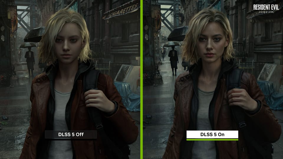 An official NVIDIA comparision showing DLSS 5 applied to an image of Grace from Resident Evil Requiem.