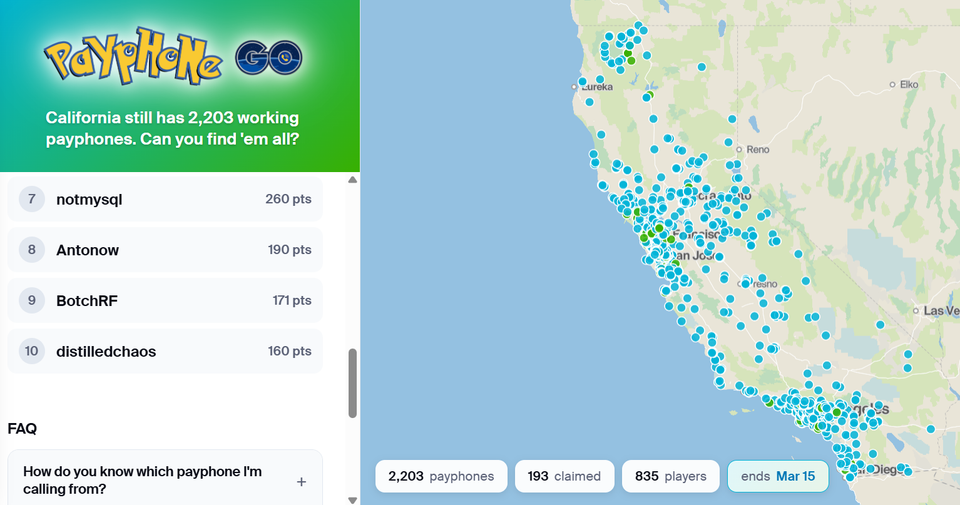 A screenshot of Payphone Go showing a map of the payphones in California.