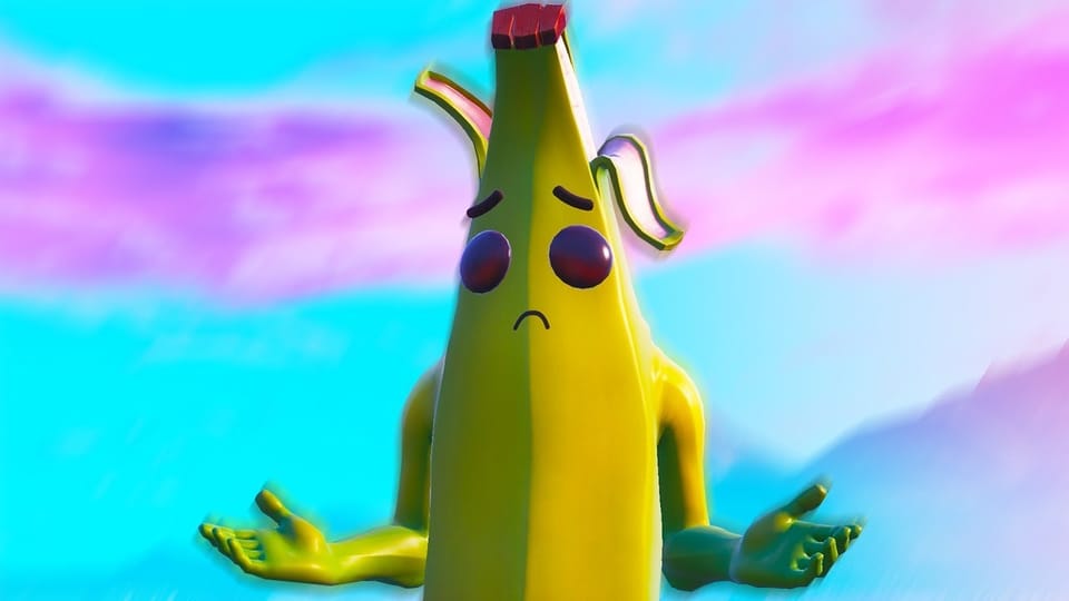The Peely skin in Fortnite, looking sad and shrugging