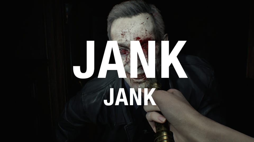 A zombie is stabbed through the eye, overimposed with the words "JANK JANK" in the font from Resident Evil Requiem.