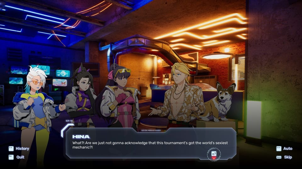 Three popstars turned in racecar drivers dressed in stage outfits talk to a mechanic with his tucked-in shirt unbuttoned, who stands alongside his dog. 