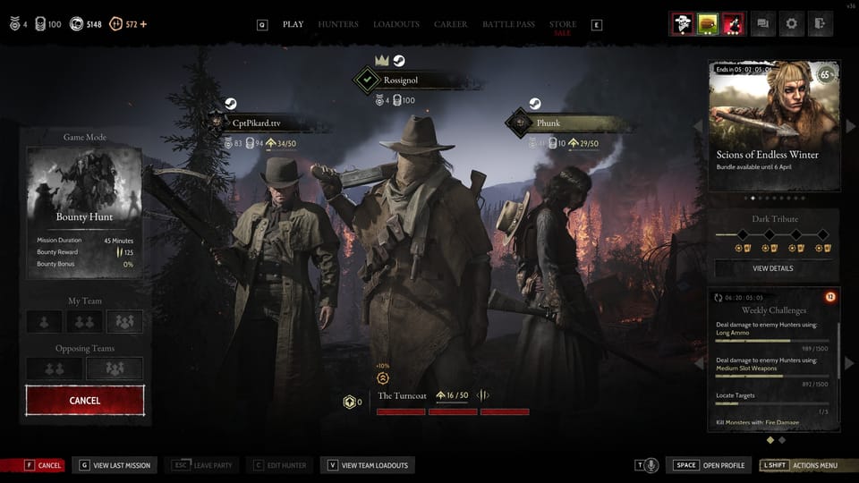 The team setup screen in Hunt Showdown.