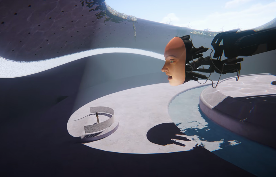 A screenshot from Prove You're Human, showing a huge robot with a human face speaking to a human.