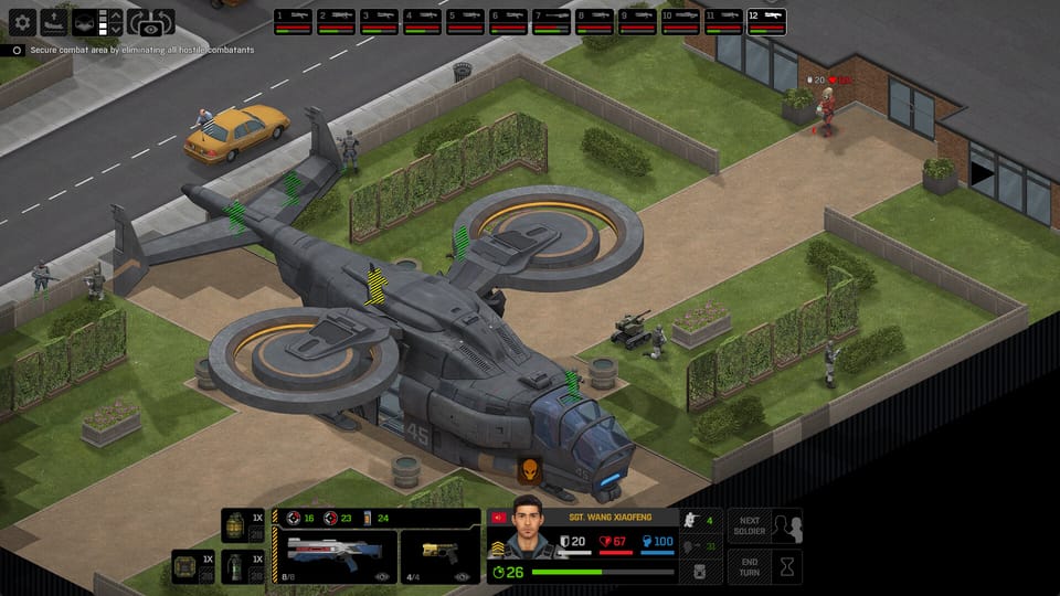 A VTOL lands in a small garden next to a street in Xenonauts 2.